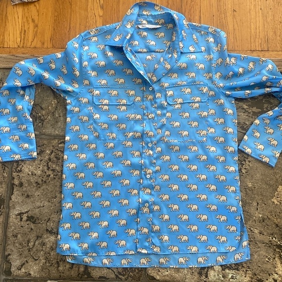ZARA Baby Blue Elephant Print Button Down Long Sleeve Blouse Size Small - Picture 3 of 13